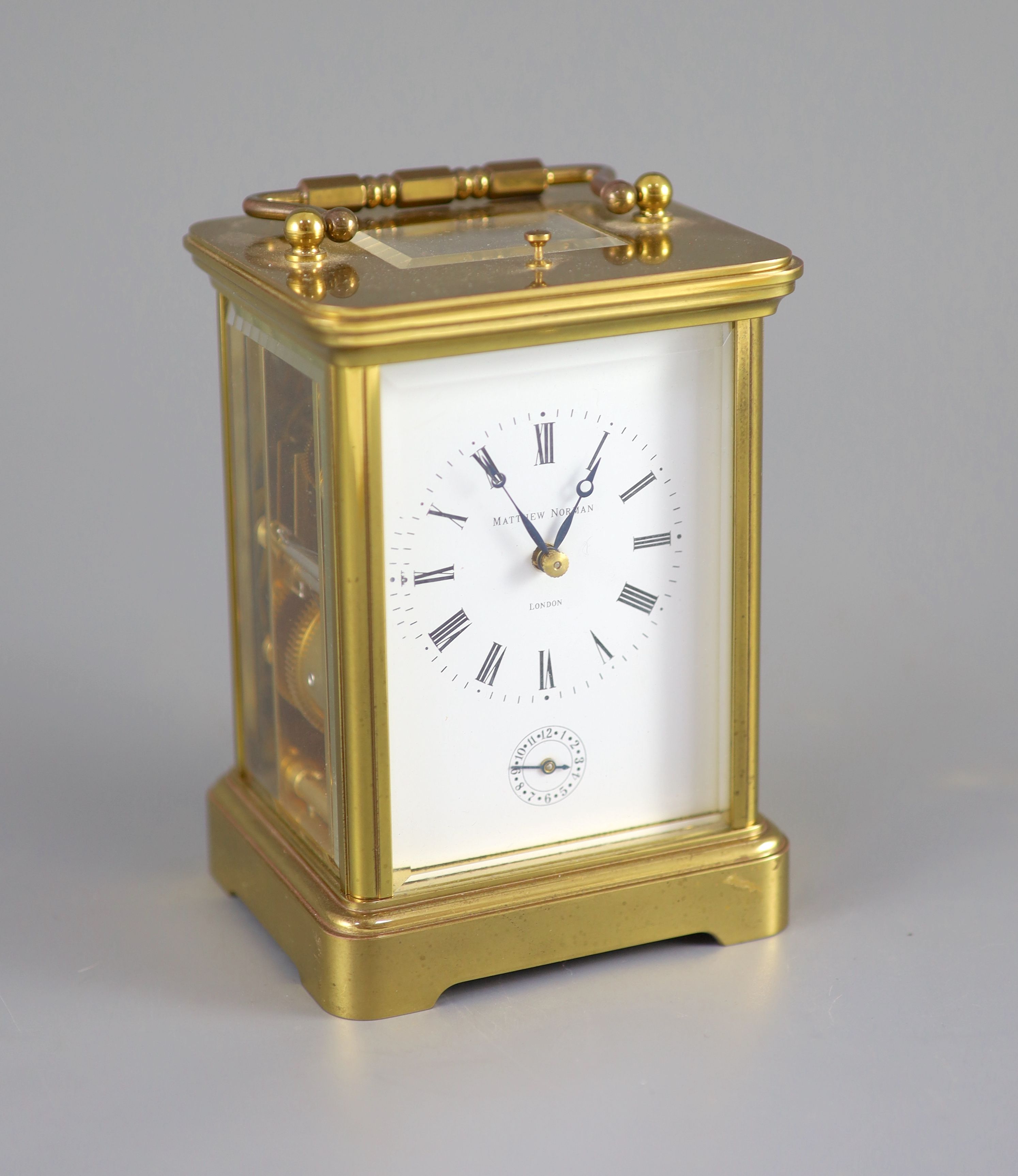 A large Swiss-made alarum brass carriage clock, Matthew Norman, London, 20th century, 13.5cm high